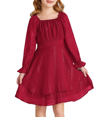 GRACE KARIN Kinder Frühling Herbst A-Linien Partykleider Langarm Blumenmädchenkleid Elegant Locker Passform Kleid Rot 8-9 Jahre von GRACE KARIN