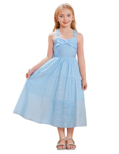 GRACE KARIN Kinder Gestreiftes Midikleid Kleine Mädchen Kreuz Rücken Halterneck Ausgestelltes A-Linien Kleid Hellblau 7Y von GRACE KARIN