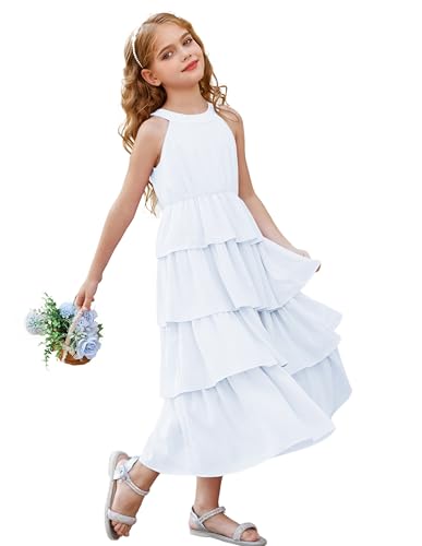 GRACE KARIN Kinder Kostüm Mädchen Neckholder Kleider Prinzessin Kleid Kuchenrock Chiffon Maxikleid Casual Kleid Festliches Hochzeit Partykleid Hell Reines Weiß 8 Jahre CL2772S24-05 von GRACE KARIN