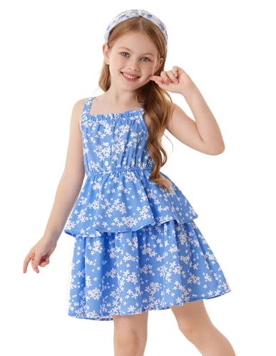 GRACE KARIN Kinder Mädchen Ausgestelltes A-Linie Kleid Sommer Sonnenkleider Verstellbare Träger Quadrat-Ausschnitt Blau 8-10 Jahre von GRACE KARIN
