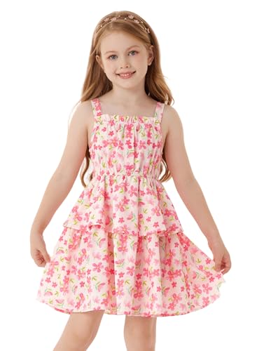 GRACE KARIN Kinder Mädchen Ausgestelltes A-Linie Kleid Sommer Sonnenkleider Verstellbare Träger Quadrat-Ausschnitt Rosa 8-10 Jahre von GRACE KARIN