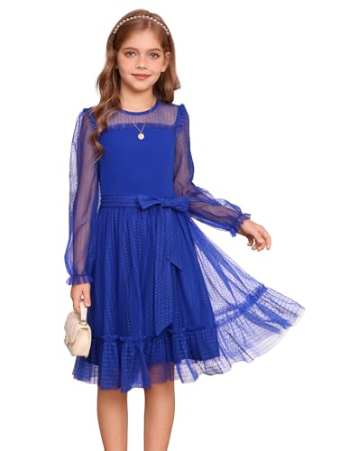 GRACE KARIN Kinder Mädchen Formelles Netzkleid Langarm A-Linie Freizeitkleider mit Gürtel Königsblau 6 Jahre von GRACE KARIN