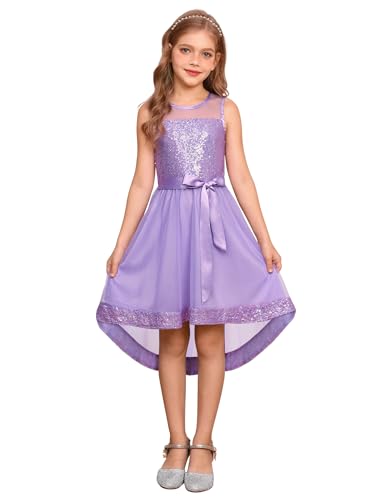 GRACE KARIN Kinder Mädchen Glitzer Pailletten Prinzessin A-Linie Tüll Kleid Festlich Hochzeit Ballkleid Lila 8-9 Jahre von GRACE KARIN