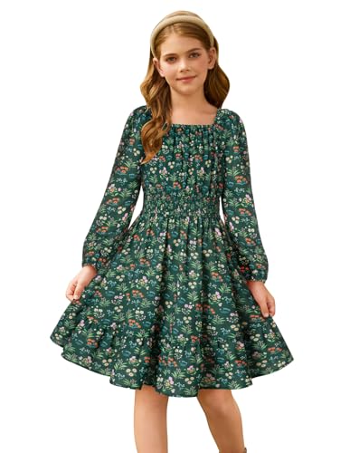 GRACE KARIN Kinder Mädchen Herbst Rüschenkleid Laternenärmel A-Linie Ausgestelltes Swingkleid Grün 8-9 Jahre von GRACE KARIN