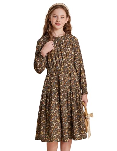 GRACE KARIN Kinder Mädchen Kleider 2025 Girls Casual Dress Gesmoktes Kleid mit Rüschenausschnitt Braun 12-13 Jahre von GRACE KARIN