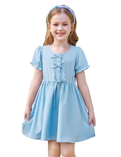 GRACE KARIN Kinder Mädchen Kurzarm Blaues Kleid Kordelzug Taille Flared A-Linie Schleifenknoten Kleid Blau 10-12 Jahre von GRACE KARIN