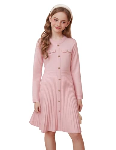 GRACE KARIN Mädchen Pullover Kleid Herbst Winter Festlich Kleid Langarm A-Linie Strickkleid Rosa 12-13 Jahre von GRACE KARIN