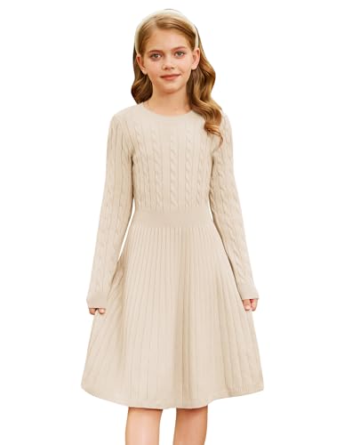 GRACE KARIN Kinder Mädchen Langarm Strickkleid Warm Schule Pullover Kleid Partykleid Beige 8-9 Jahre von GRACE KARIN