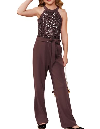 GRACE KARIN Kinder Mädchen Pailletten Jumpsuit mit Cut-Out-Schultern und Ausgestelltem Bein Braun 8-10 Jahre von GRACE KARIN