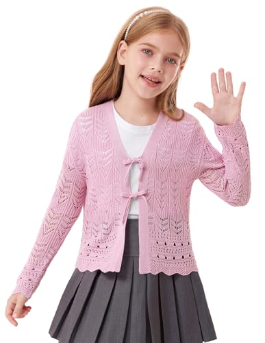 GRACE KARIN Kinder Mädchen Pink Bolero Kurzer Cardigan Langarm Krawatte Vorderleicht Schrug für Sommer Rosa 5-6 Jahre von GRACE KARIN