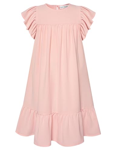GRACE KARIN Kinder Mädchen Pink Kleid Flügelärmel Kleid Rüschenboden A-Linien Partykleid Pink 6-7 Jahre von GRACE KARIN