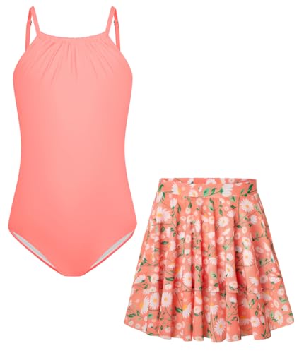 GRACE KARIN Kinder Mädchen Schwimmanzug Zweiteiler Spaghetti-Träger Bademode mit Elastischem Mesh Rock Orange 6-7 Jahre von GRACE KARIN