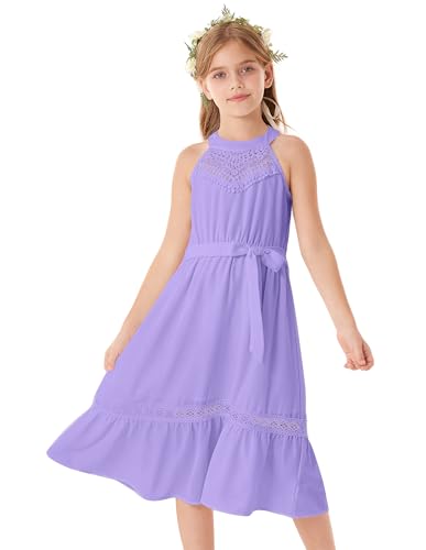 GRACE KARIN Kinder Mädchen Spitzen-Patchwork Kleid Elastischer Bund Stufen A-Linie Midi Kleid Lila 8-10 Jahre von GRACE KARIN