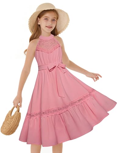 GRACE KARIN Kinder Mädchen Spitzen-Patchwork Kleid Elastischer Bund Stufen A-Linie Midi Kleid mit Gürtel Dunkelrosa 8-10 Jahre von GRACE KARIN