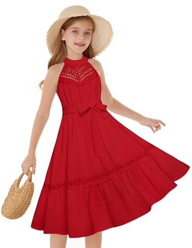 GRACE KARIN Kinder Mädchen Spitzen-Patchwork Kleid Elastischer Bund Stufen A-Linie Midi Kleid mit Gürtel Rot 10-12 Jahre von GRACE KARIN