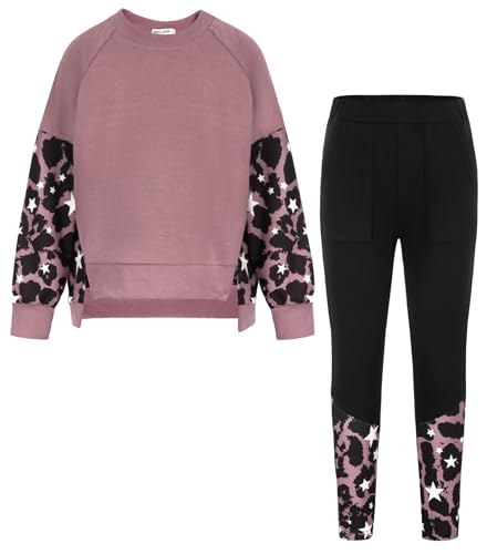 GRACE KARIN Kinder Mädchen Sweatshirt Outfits Herbst Tracksuit 2-teilig Pullover Rundhals Top Leggings Sweatpants Sportsuit Dunkelrosa Leopard 8-10 Jahre von GRACE KARIN