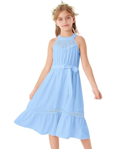 GRACE KARIN Kinder Partykleid A-Linie Formelle Kleidung Sommer Freizeit Midi Kleid mit Gürtel Blau 8-10 Jahre von GRACE KARIN