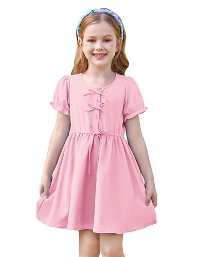 GRACE KARIN Kinder Rosa Kleid Kurze Ärmel Rundhals Flared A-Linie Kordelzug Taille Rosa 8-10 Jahre von GRACE KARIN