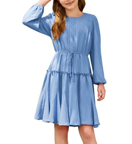 GRACE KARIN Kinder Rundhals Kleid A-Linie Baumwolle Prinzessin Kleid mit Ballonärmel Hellblau 10 Jahre von GRACE KARIN
