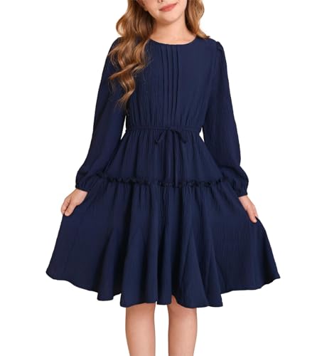 GRACE KARIN Kinder Rundhals Kleid A-Linie Baumwolle Prinzessin Kleid mit Ballonärmel Marineblau 10 Jahre von GRACE KARIN