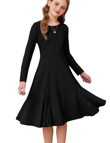 GRACE KARIN Kinder Schwarzes Kleid Langarm A-Linie Festliches Mädchenkleid für Alltag Schwarz 10-11 Jahre von GRACE KARIN