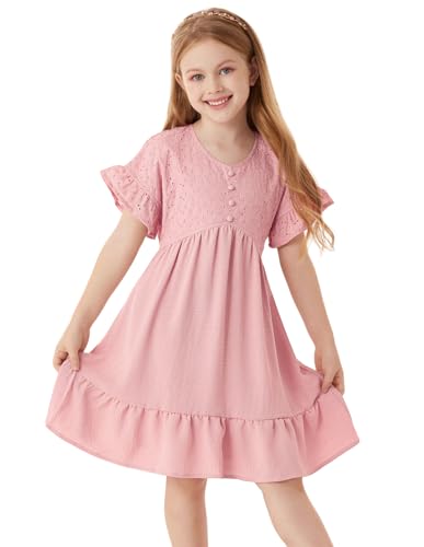GRACE KARIN Kinder knielanges Kleid Sommer Kurzarm V-Ausschnitt Ausgestelltes A-Linien Prinzessinnenkleid Rosa 7-8 Jahre von GRACE KARIN