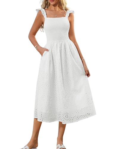 GRACE KARIN Damen MidiKleid Sommer Freizeit Square Neck Hohe Taille Tunika Strandkleid M Weiß von GRACE KARIN