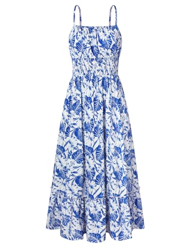 Kleid Damen Sommer Maxikleid Boho Kleid Ärmellos Blumenkleid Casual Cami-Kleid Smocked Cocktailkleid Rüschen Freizeitkleid Strandkleid Blaue Blätter 2XL von GRACE KARIN