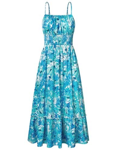 GRACE KARIN Kleid Damen Böhmisch Kleid Ärmellos Blumenkleid Maxikleid Casual Rüschen Freizeitkleid Strandkleid Blaugrüne Blumen XXL von GRACE KARIN