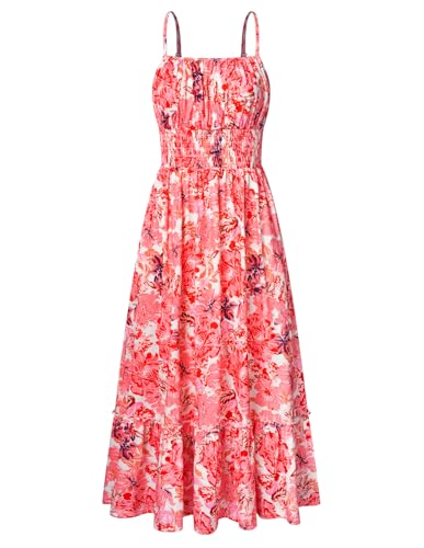 Kleid Damen Sommer Maxikleid Boho Kleid Ärmellos Blumenkleid Casual Cami-Kleid Smocked Cocktailkleid Rüschen Freizeitkleid Strandkleid Weiß Rosa Blumen 2XL von GRACE KARIN