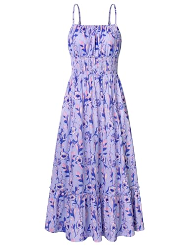 Sommerkleid Damen Lang Maxikleid Rüschen Freizeitkleid Strandkleid Boho Kleid Ärmellos Blumenkleid Casual Cami-Kleid Lila Blumen S von GRACE KARIN