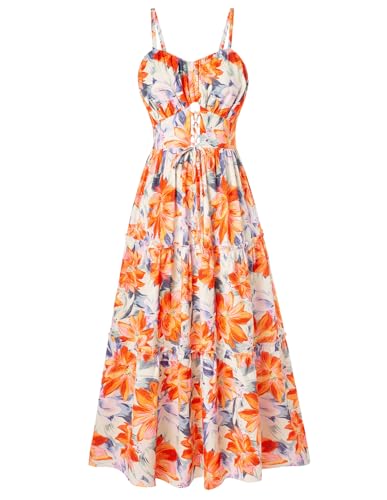 Kleid Damen Sommer Lang Casual Blumenkleid Urlaub Strandkleid Ärmellos Luftig Partykleid Festlich Orange Lila Blume S-11 von GRACE KARIN