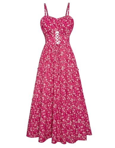 Kleid Damen Sommer Lang Casual Blumenkleid Urlaub Strandkleid Ärmellos Luftig Partykleid Festlich Rosa-Weiß Blume S-5 von GRACE KARIN