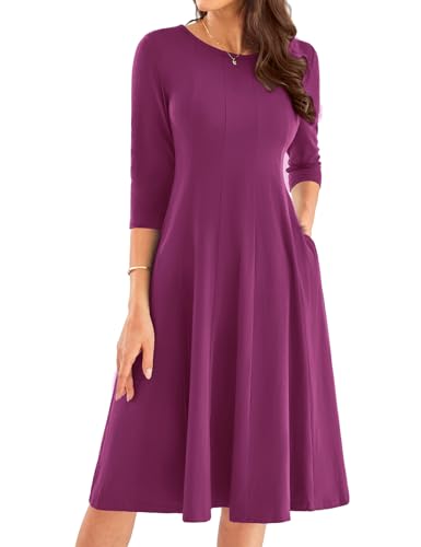 GRACE KARIN Kleid Frühling Damen Langarm Rundhals Midikleid Damen Lässig Elastische Taille Herbstkleid XL Lilarot -16 von GRACE KARIN