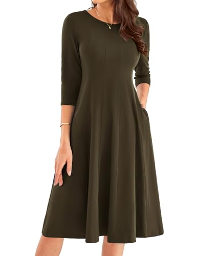 GRACE KARIN Kleid Frühling Damen Langarm Rundhals Midikleid Damen Lässig Elastische Taille Sommerkleid XL Braun -11 von GRACE KARIN