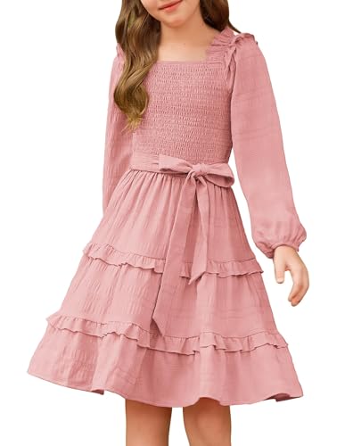 GRACE KARIN Kleid Mädchen Festlich Langarm Kleid Kinder A-Linie Partykleid Hochzeit Prinzessinkleid Rosa 10 Jahre von GRACE KARIN