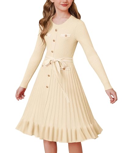 GRACE KARIN Kleid für Mädchen Langarm A-Linie Strickkleid Pulloverkleid mit Guertel Winter Herbst Beige 12 Jahre von GRACE KARIN