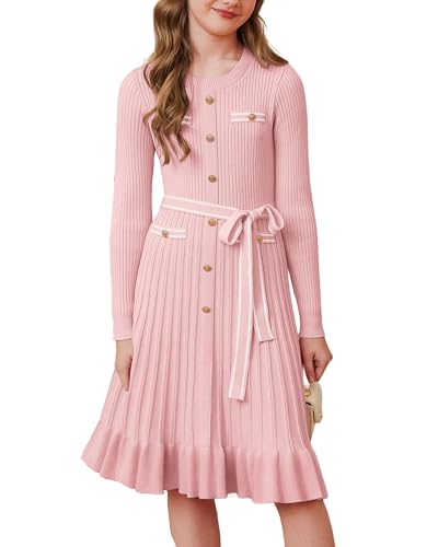 GRACE KARIN Kleid für Mädchen Langarm A-Linie Strickkleid Pulloverkleid mit Guertel Winter Herbst Rosa 12 Jahre von GRACE KARIN