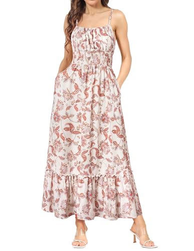 Kleid Damen Sommer Maxikleid Cami-Kleid Boho Kleid Ärmellos Blumenkleid Spaghettiträger Rüschen Freizeitkleid Strandkleid Beige M von GRACE KARIN