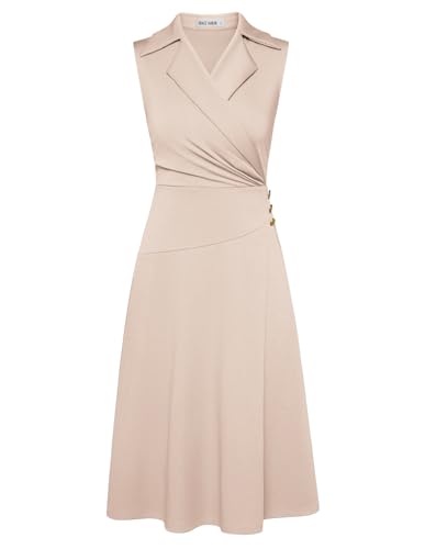 Damen Business Wickelkleid Damen A-Linie V-Ausschnitt Elegante Midi Kleider Elegant Festlich mit Knopf Aprikose M von GRACE KARIN