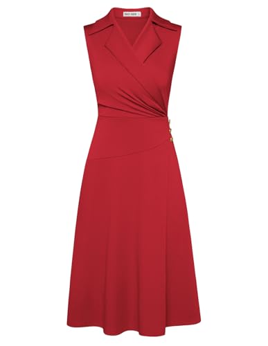 Damen Business Wickelkleid Damen A-Linie V-Ausschnitt Elegante Midi Kleider Elegant Festlich mit Knopf Hochrot M von GRACE KARIN