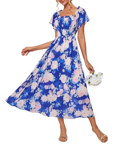 Kleider Damen Lang Blumen Boho Off Shoulder Hochzeitskleid Gast Elegant Maxikleid Damen Strandkleid Urlaub Blau-Rosa Blume S von GRACE KARIN