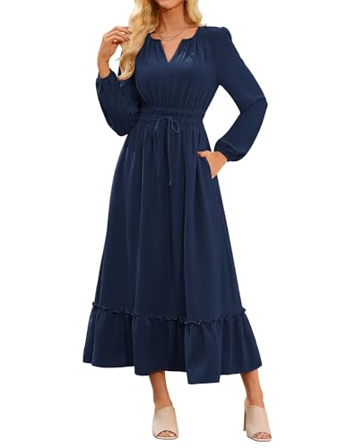 GRACE KARIN Kleider Damen Langarm A-Linie Freizeitkleid Elegant V-Ausschnitt Wickelkleid mit Tasche Dunkelblau XL von GRACE KARIN