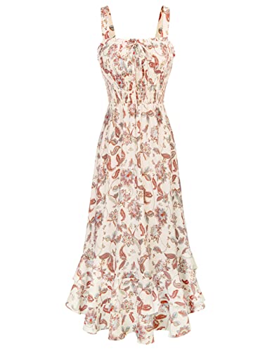 GRACE KARIN Kleider Damen Sommer Casual Strandkleider elegant Blumenmuster Kleid fließender Schwung lässig Spaghetti Trägerkleid M Beige-Braun Blume von GRACE KARIN