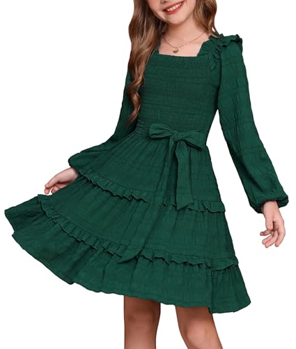 GRACE KARIN Kleider Mädchen Elegant Rüschen Langarm A-Linie Kleid Partykleid Festlich Hochzeit Dunkelgrün 8 Jahre von GRACE KARIN