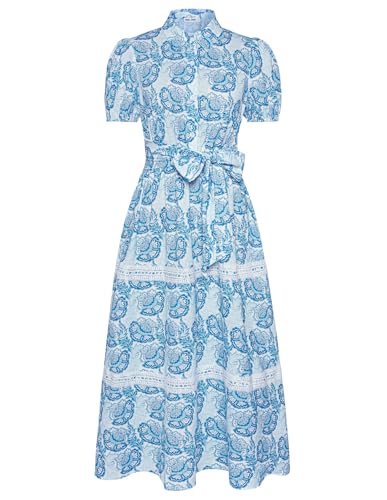 GRACE KARIN Kleider für Damen Sommer Kurzarm Langes Blumenkleid Elegant Floral A-Linie Strandkleider Blaue Blumen-Weiß XXL von GRACE KARIN