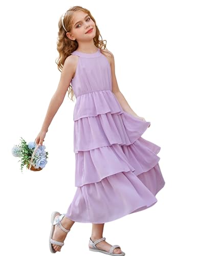 GRACE KARIN Kleider für Mädchen Neckholder Kleider Prinzessin Kleid Kuchenrock Chiffon Maxikleid Casual Kleid Festliches Hochzeit Partykleid Lila 10 Jahre CL2772S24-01 von GRACE KARIN