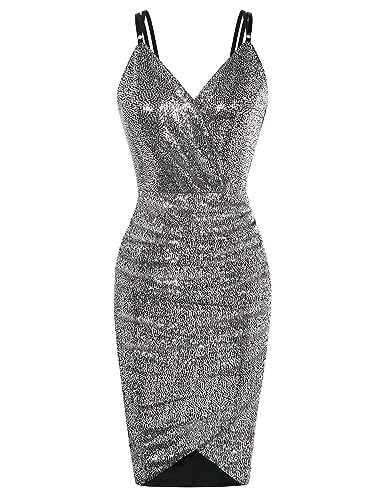 GRACE KARIN Knielang Bleistiftkleid Festlich Halloween Karneval Slim Fit Ärmellos Glitzernd mit V-Ausschnitt Silber Pailletten Clubwear CL762-17 L von GRACE KARIN