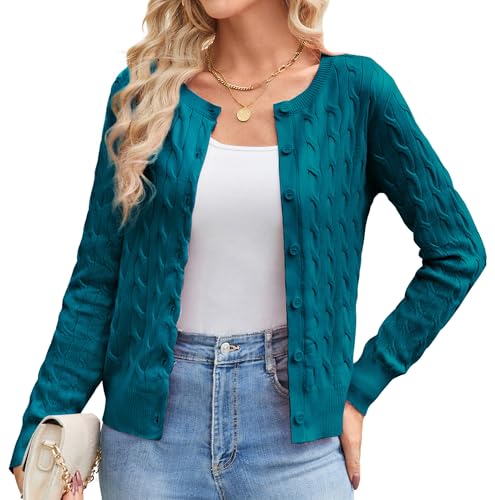 GRACE KARIN Kurz Langarm Schulterjacke Top für Damen Daily Freizeit Offene Strickjacke Sweater Tops mit Knöpfen XXL Blaugrün von GRACE KARIN