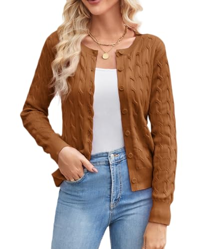 GRACE KARIN Kurz Langarm Schulterjacke Top für Damen Daily Freizeit Offene Strickjacke Sweater Tops mit Knöpfen XXL Braun von GRACE KARIN